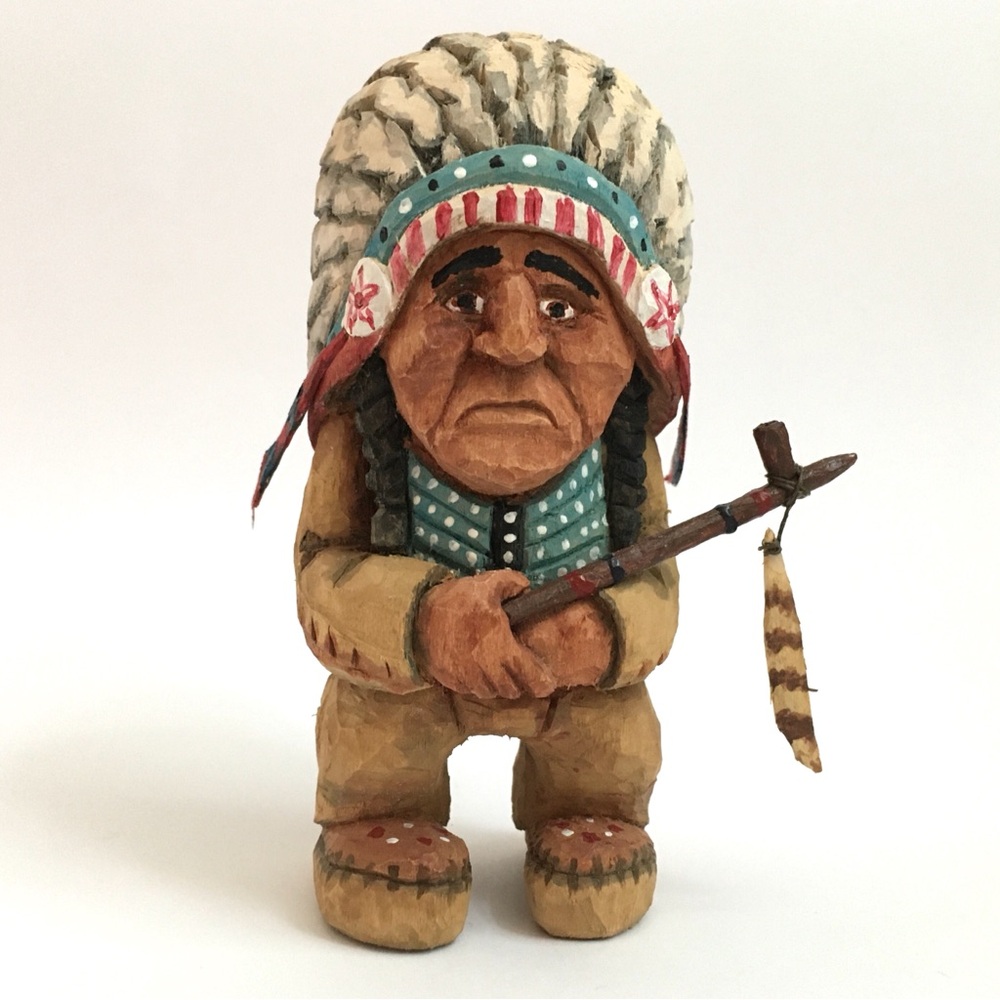 Hand Carved Native American Figurine with Headdress